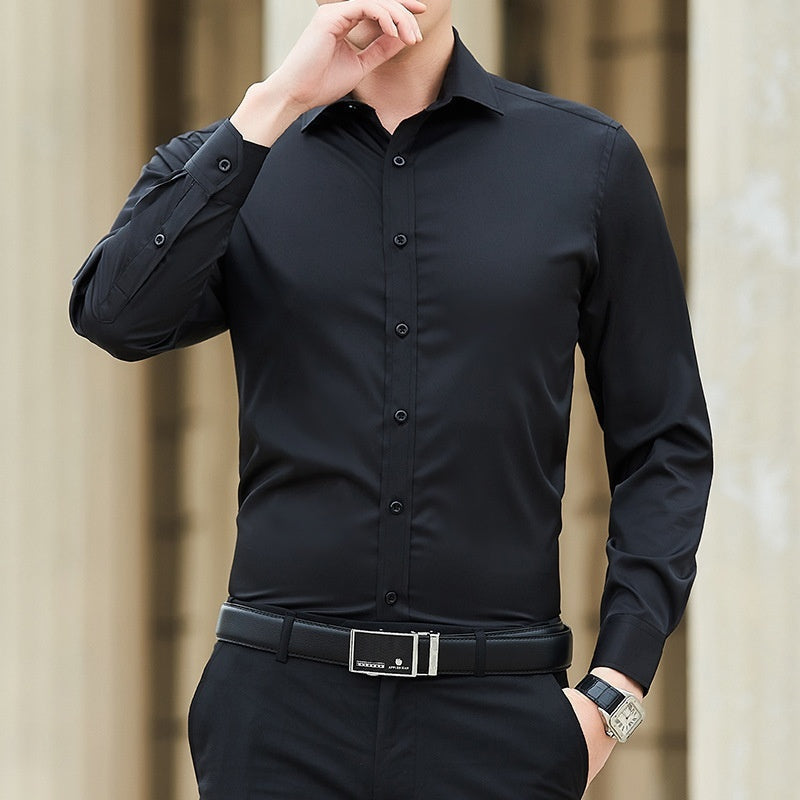 Klassisk ensfarvet langærmet bomuldsskjorte i slim fit - 2