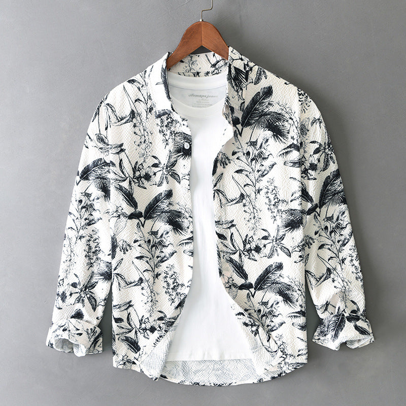 Langærmet herreskjorte med retro blomsterprint og løs pasform - 1