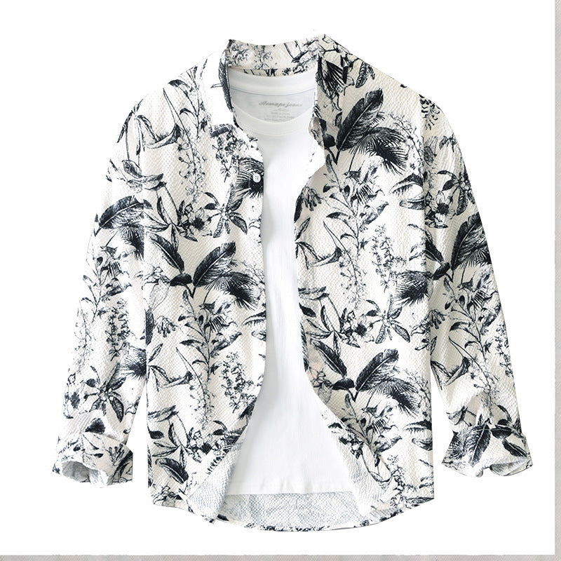 Langærmet herreskjorte med retro blomsterprint og løs pasform - 5