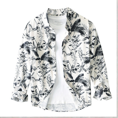 Langærmet herreskjorte med retro blomsterprint og løs pasform - 5